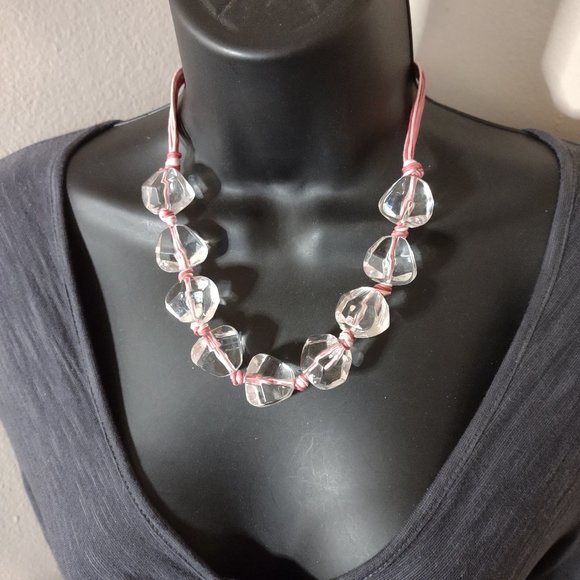 21 Inch Large Clear Plastic Bead Necklace With Pink String - Picture 1 of 10